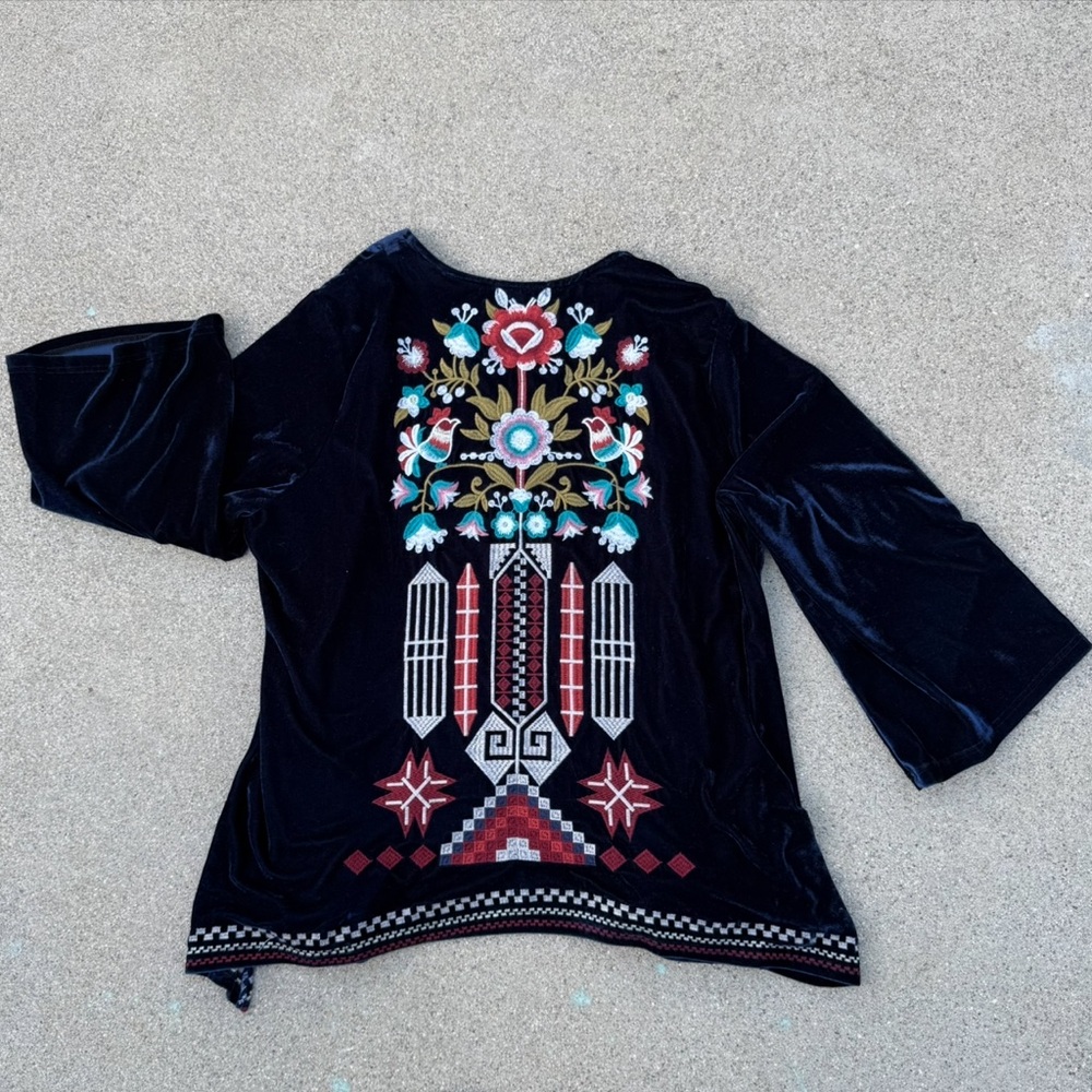Velvet embroidered kimono cardigan open front bell sleeve retro boho beachy Sz S